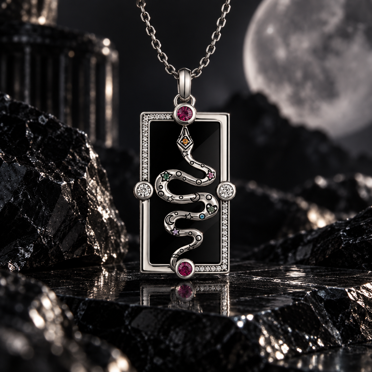 BLACK MIRROR — Sterling Silver Serpent Pendant