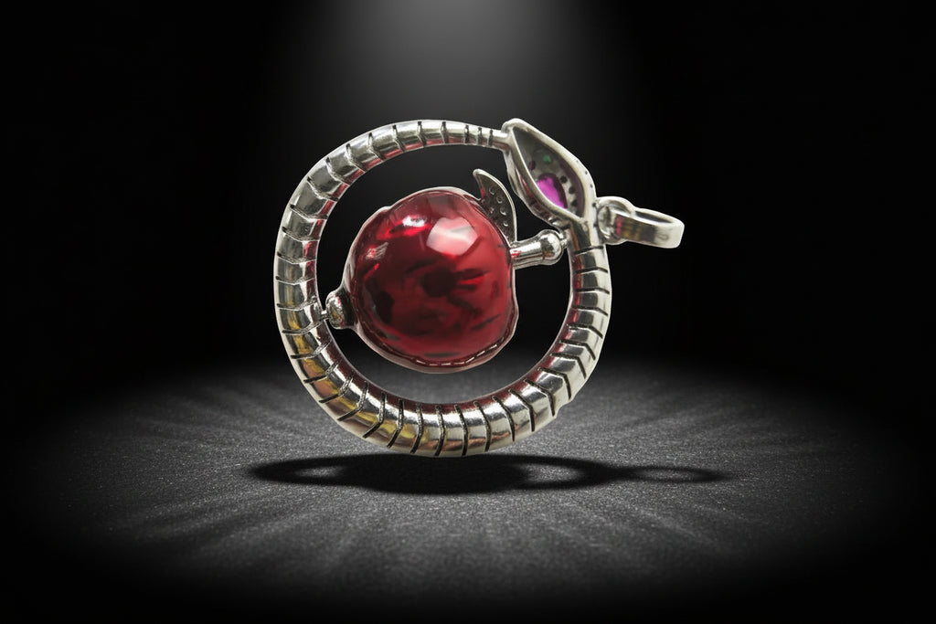 Silver oueoboros snake pendant with a red glass apple on a white n black background 