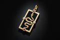 Gold pendant with colorful gemstones on a white background