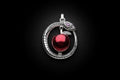 Silver pendant with a red apple on a white background.