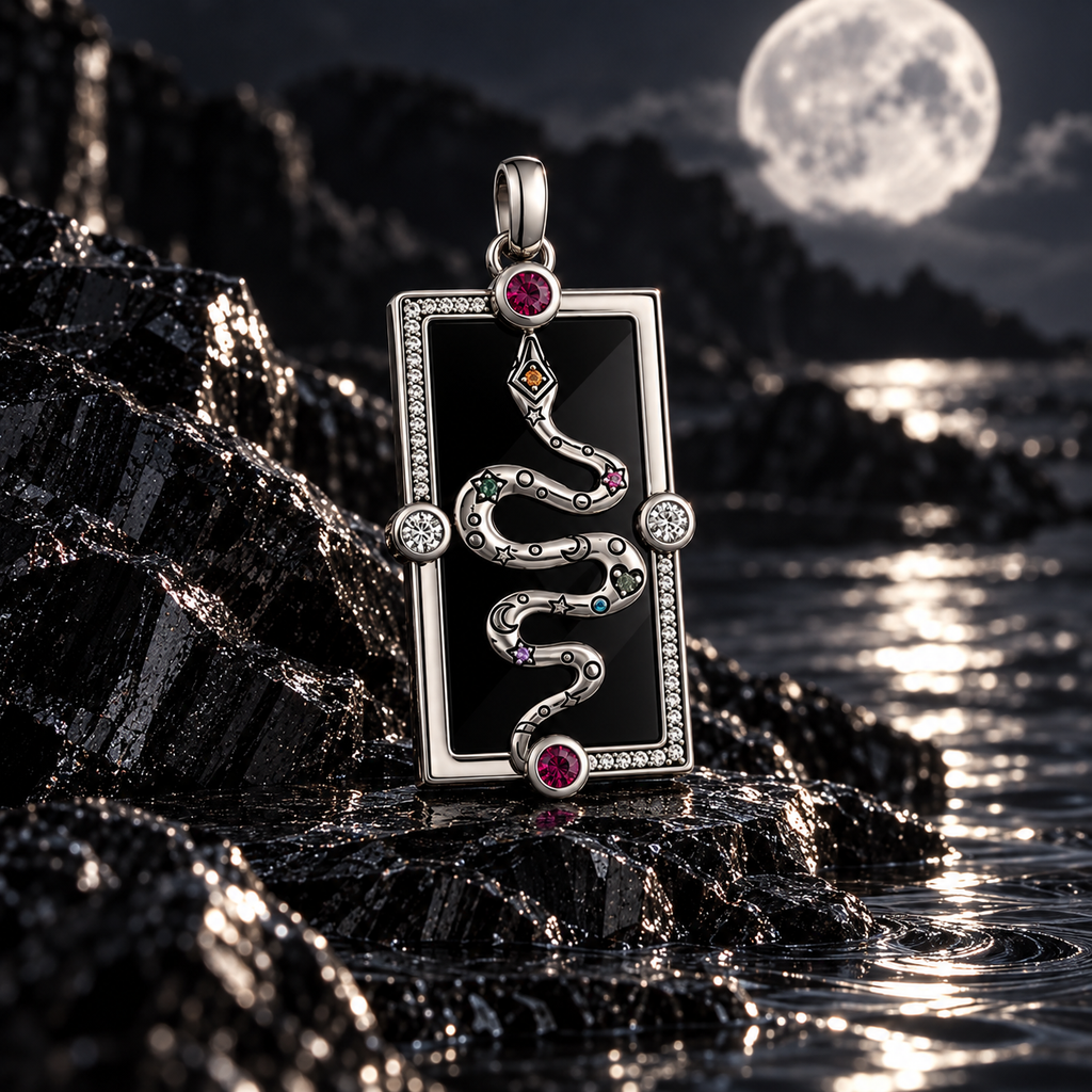 BLACK MIRROR — moonlit square view of Noctara jewelry