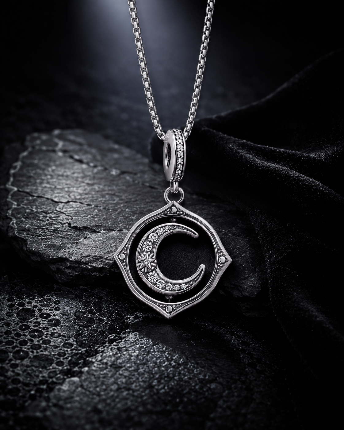 LUNA sterling silver moon charm on black stone